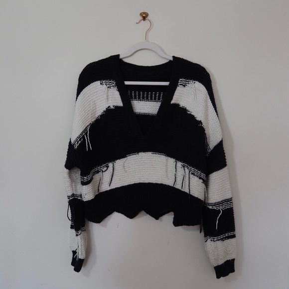 WILDFOX Kara Black White Striped Fringe Ripped Sweater - Picture 5 of 9